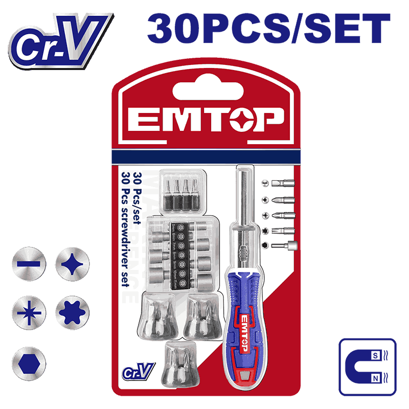 картинка Отвертка реверсивная с битами 30шт от ТМ EMTOP